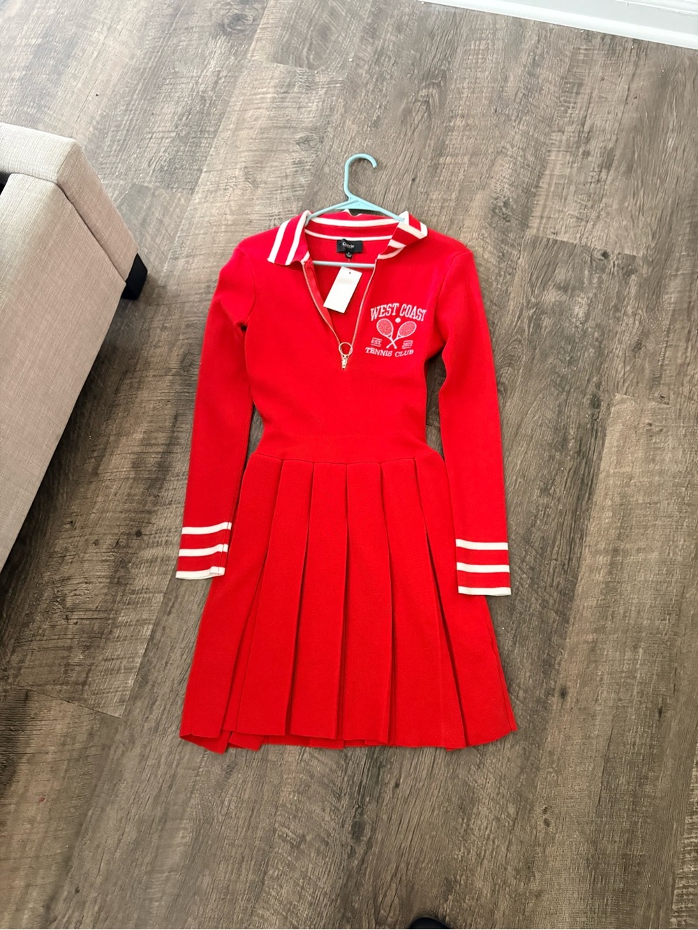 Red Pleated Tennis-Inspired Dress with Zip Collar
